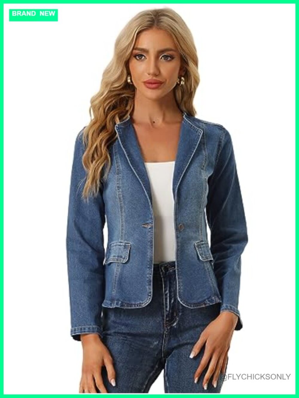 Women Fitted Denim Blazer One Button Jean Jacket Tailored Stretch Cotton Blend